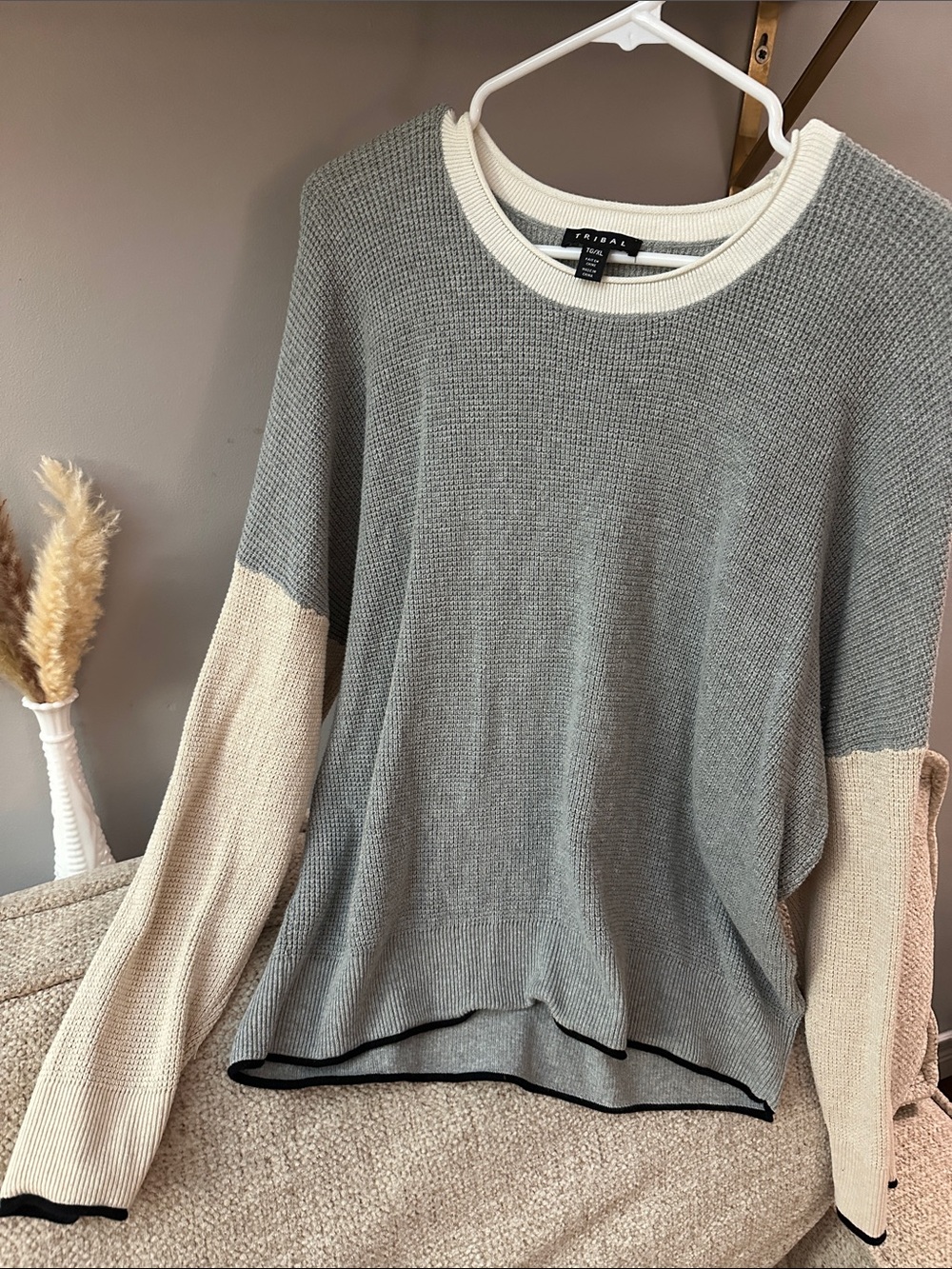 Tribal Gray and Cream Waffle-Knit Crewneck Sweater - 100% Cotton